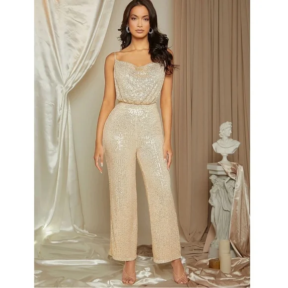 Sequined Cami Cowl Neck Jumpsuit Champagne Gold Party Playsuit Long - Picture 5 of 6